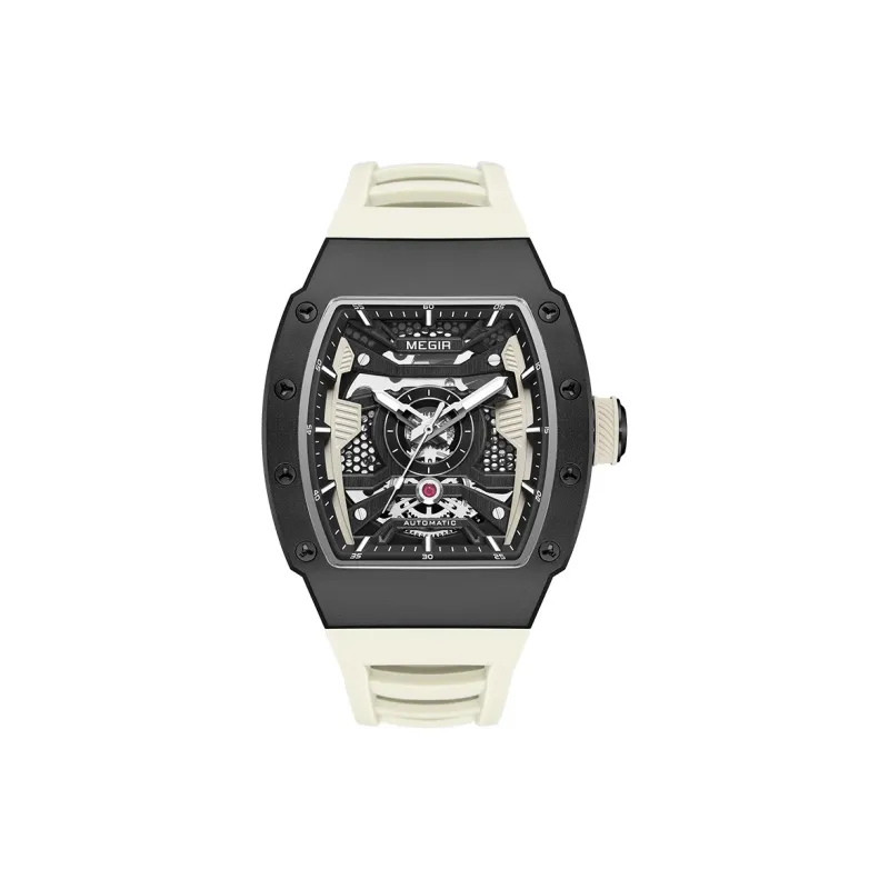 MEGIR Mechanical Movement Silicone Strap Watch Men's Watches Black Dial-2