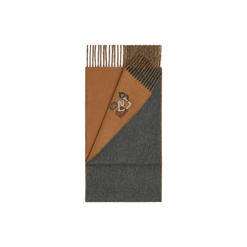 HERMES Cashmere Leather Knit Scarves Men's Brown-1