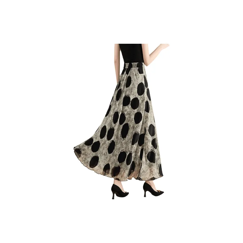 TOUCH Casual Long Skirt Women's Gray Green Black Polka Dot-1