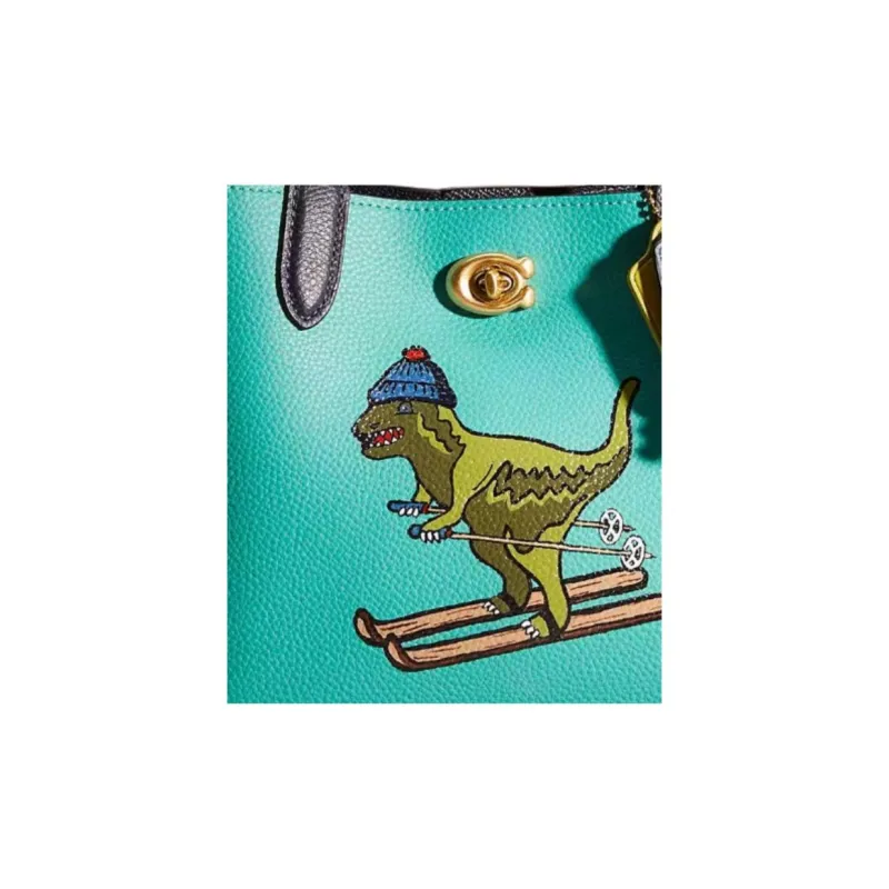 COACH Willow Polished Pebbled Leather Handbag Medium Size Women's Brass Bright Green Multicolor-3