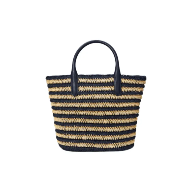 Ralph Lauren Plant Fiber Tote Bag Shopping Bag Shoulder Bag Handbag Medium Size Women's Natural Color With Dark Blue-1