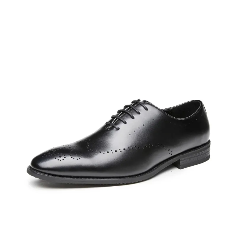 Kaltendin Cow Leather Pointed Toe Vintage Brogues Dress Shoes Men's Black-1