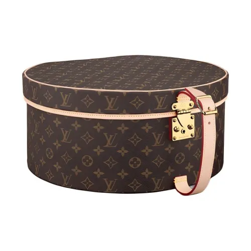 LOUIS VUITTON Canvas Cow Leather Patchwork Hat Box Storage Box Women's Brown