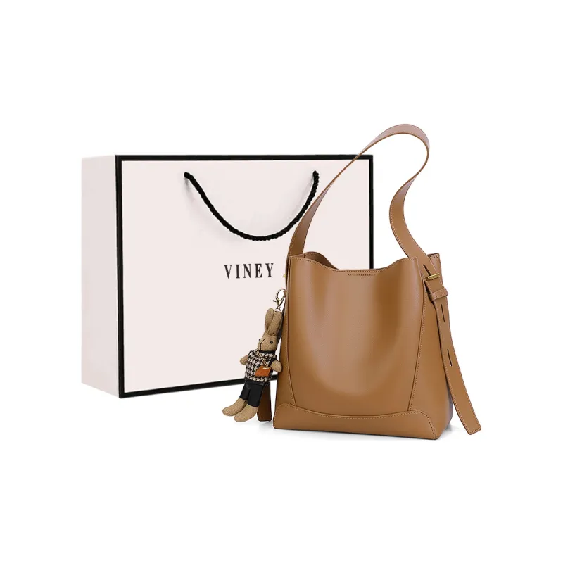 VINEY Cow Leather Patchwork Synthetic Leather Shoulder Bag Crossbody Bag Bucket Bag Large Size Women's Coffee-16