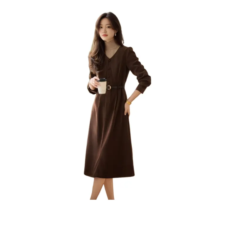 OZVO Long Sleeved Dresses Women's Coffee-1