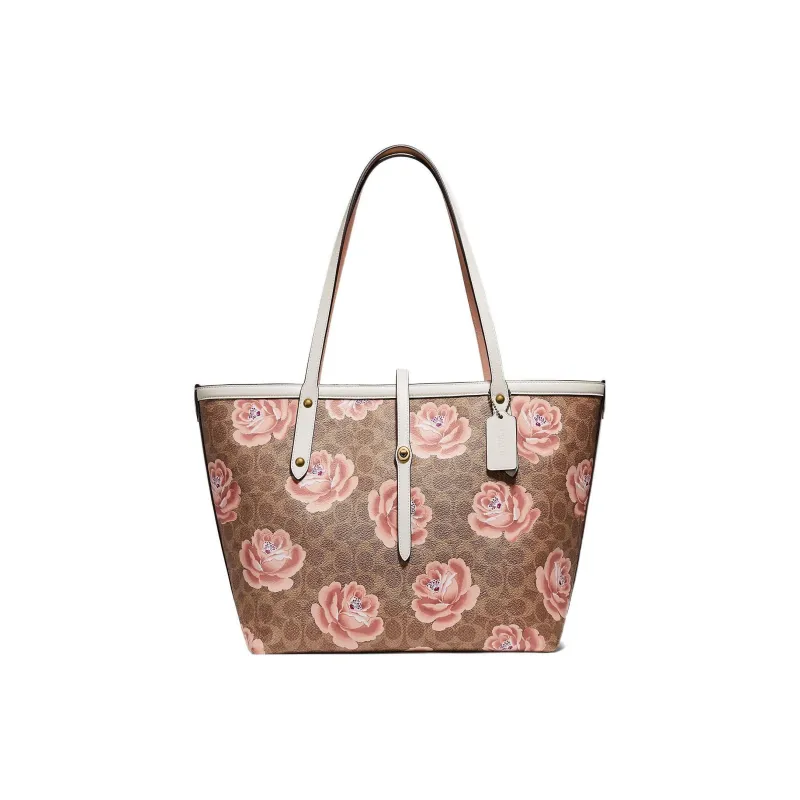 COACH Market Tote Canvas With Leather Tote Bag Shopping Bag Handbag Shoulder Bag Large Size Women's Brown-0