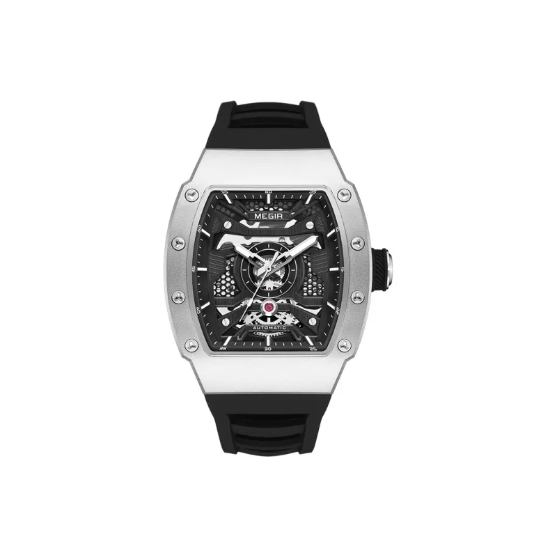 MEGIR Mechanical Movement Silicone Strap Watch Men's Watches Black Dial-6