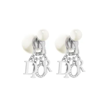 DIOR Resin Faux Crystal Metal Earrings Unisex Silver
