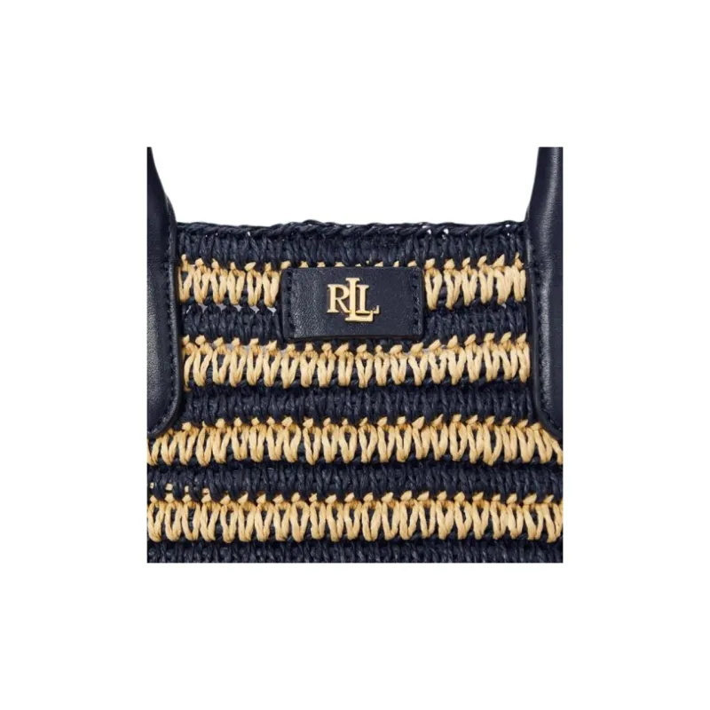 Ralph Lauren Plant Fiber Tote Bag Shopping Bag Shoulder Bag Handbag Medium Size Women's Natural Color With Dark Blue-4