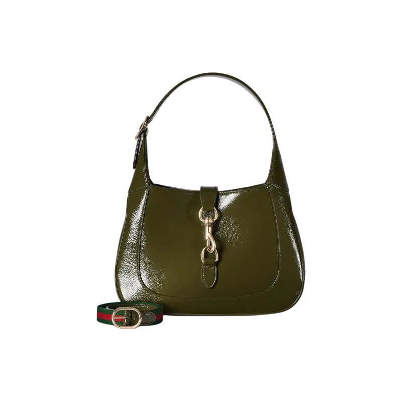 GUCCI Jackie 1961 Patent Leather Handbag Shoulder Bag Small Size Women's Forest Green-1