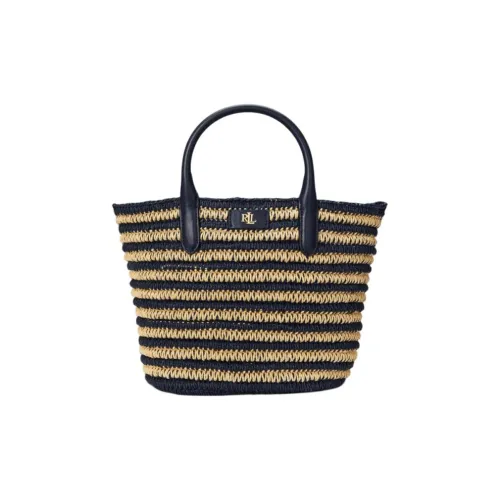 Ralph Lauren Plant Fiber Tote Bag Shopping Bag Shoulder Bag Handbag Medium Size Women's Natural Color With Dark Blue