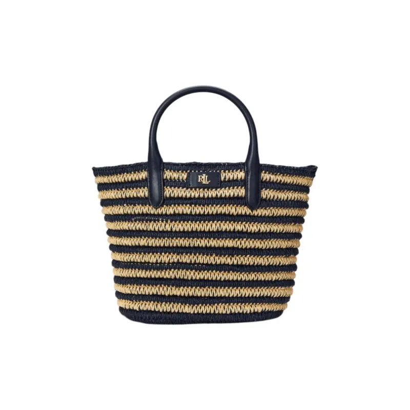 Ralph Lauren Plant Fiber Tote Bag Shopping Bag Shoulder Bag Handbag Medium Size Women's Natural Color With Dark Blue-0