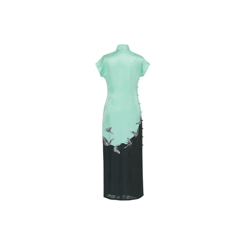 YICHENGFENGXU Cheongsam Women's Green Hem Embroidery & Black Floral Motif-1