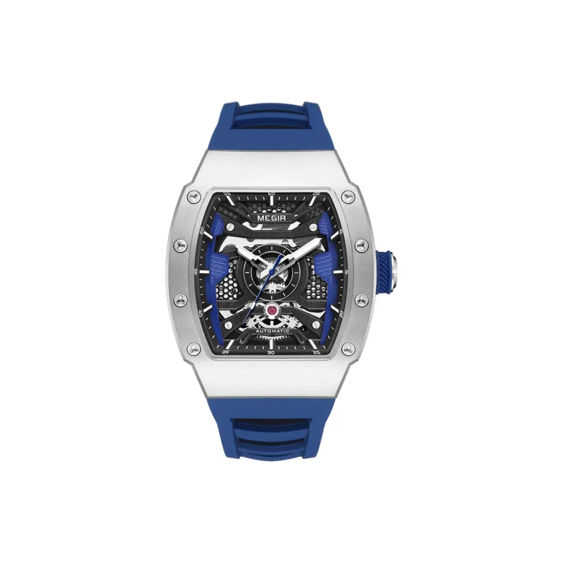 MEGIR Mechanical Movement Silicone Strap Watch Men's Watches Black Dial-4