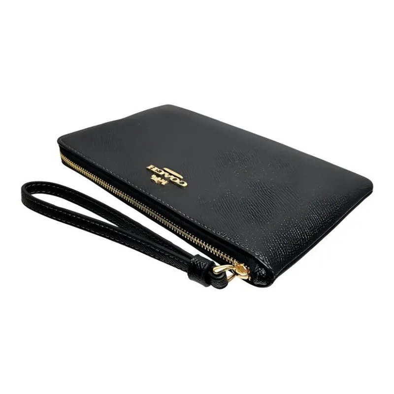 COACH Corner Zip Cross Grain Leather Wrist Bag Clutch Trumpets Women's Gold & Black-3