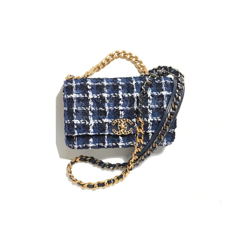 CHANEL Cotton Tweed Shoulder Bag, Crossbody Bag Women's Blue/White/Marine Blue-0