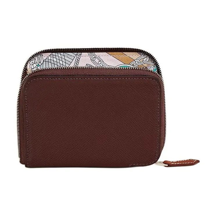 HERMES Silk'In Calfskin Wallet Women's Horse Saddle Red & Pet Pink & Gray-0