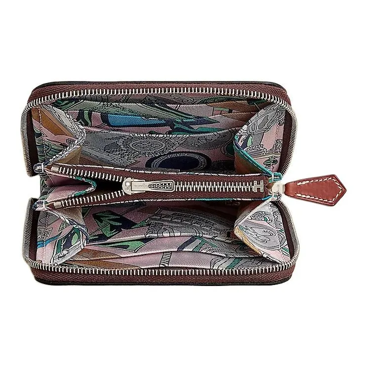 HERMES Silk'In Calfskin Wallet Women's Horse Saddle Red & Pet Pink & Gray-1