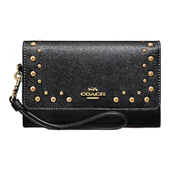 COACH Phone Cross Grain Leather Handbag Money Clip Cell Phone Pouch Wallet Women's Black