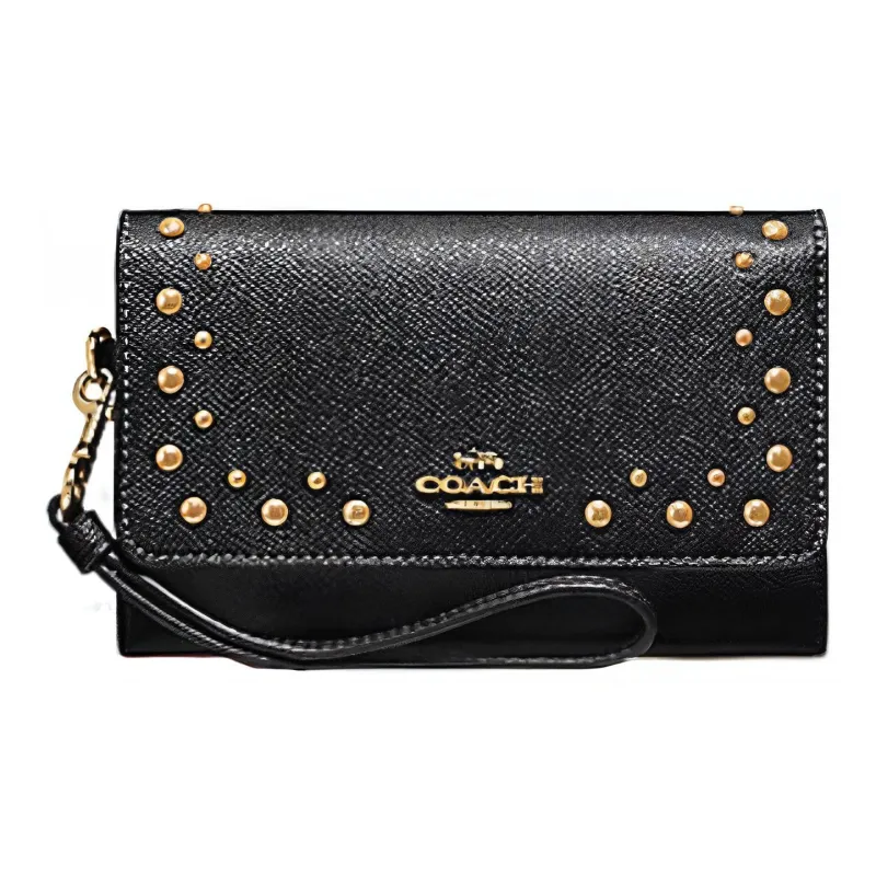 COACH Cross Grain Leather Clutch Wallet, Cell Phone Pouch, Wallet Women's Black-0