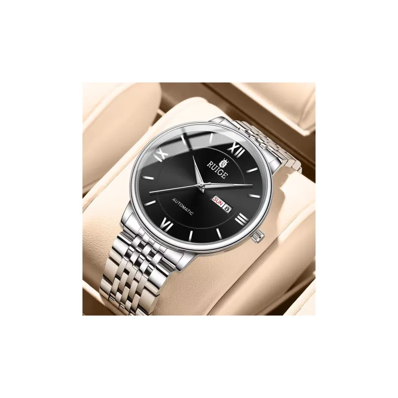 RUIGE Automatic Mechanical Movement Stainless Steel Watchband Men's Watches Black Dial-1