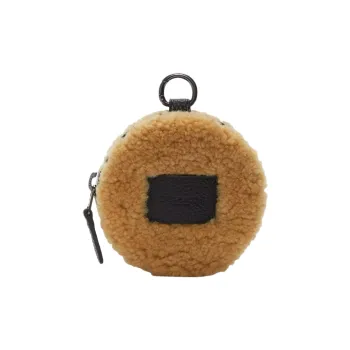 COACH Coin Case Shearling And Leather Round Coin Purse Unisex Brown & Black