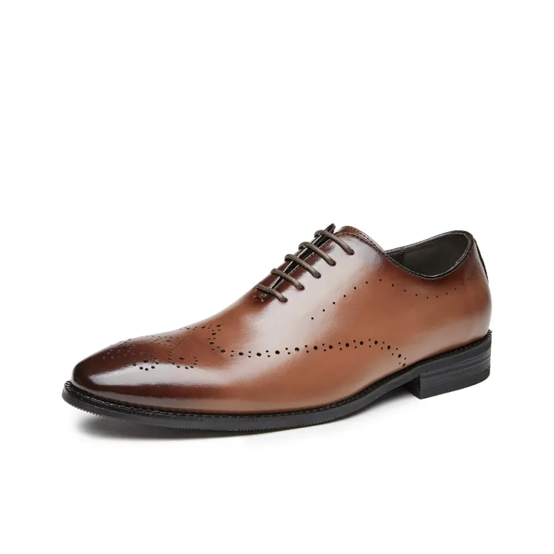 Kaltendin Cow Leather Pointed Toe Vintage Brogues Dress Shoes Men's Black-7