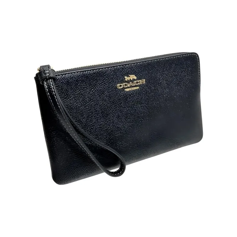 COACH Corner Zip Cross Grain Leather Wrist Bag Clutch Trumpets Women's Gold & Black-2