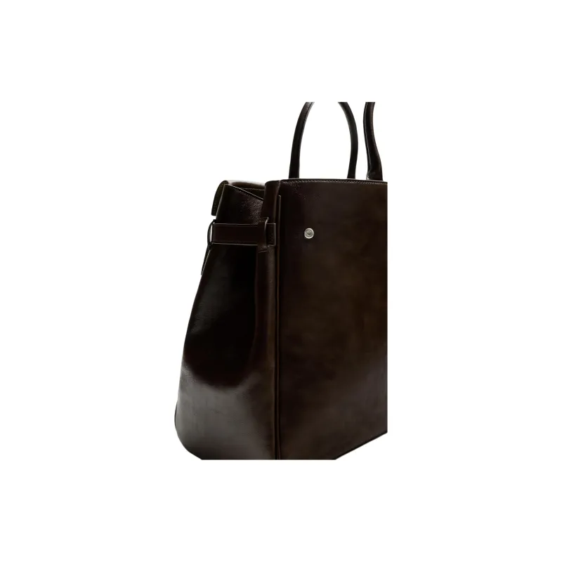 ZARA Cow Leather Tote Bag Shopping Bag Handbag Men's Brown-3