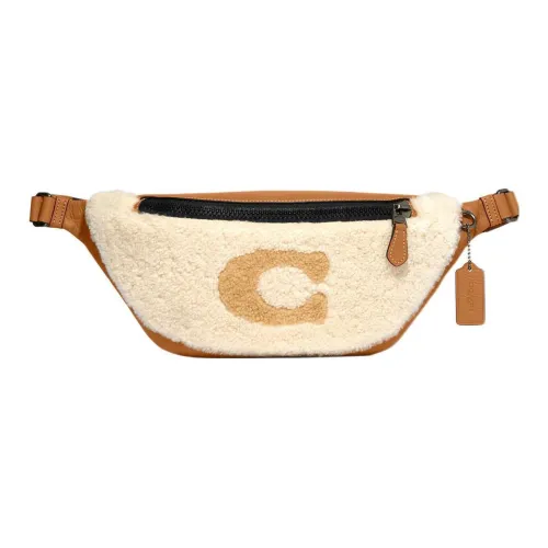 COACH Warren Shearling And Refined Pebbled Leather Sling Bag Fanny Pack Large Size Women's White & Brown