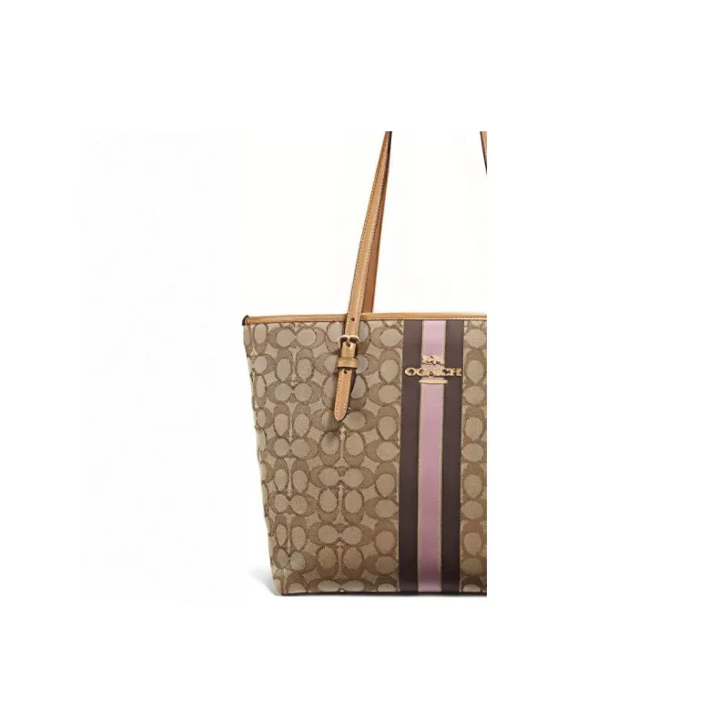 COACH Zip Top Tote Jacquard Fabric With Leather Tote Bag Crossbody Bag Shoulder Bag Women's Khaki-2