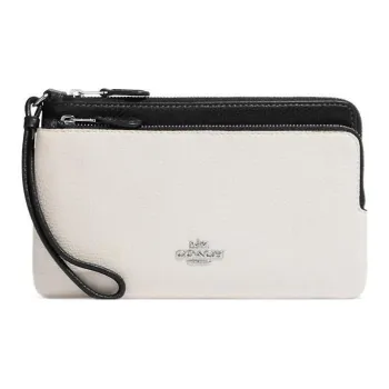 COACH Double Zip Wallet Pebbled Leather Clutch Wallet Women's White & Black