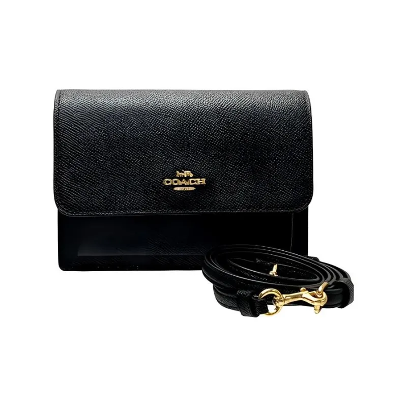COACH Foldover Cross Grain Leather Shoulder Bag, Crossbody Bag, Fanny Pack Trumpets Women's Black-1