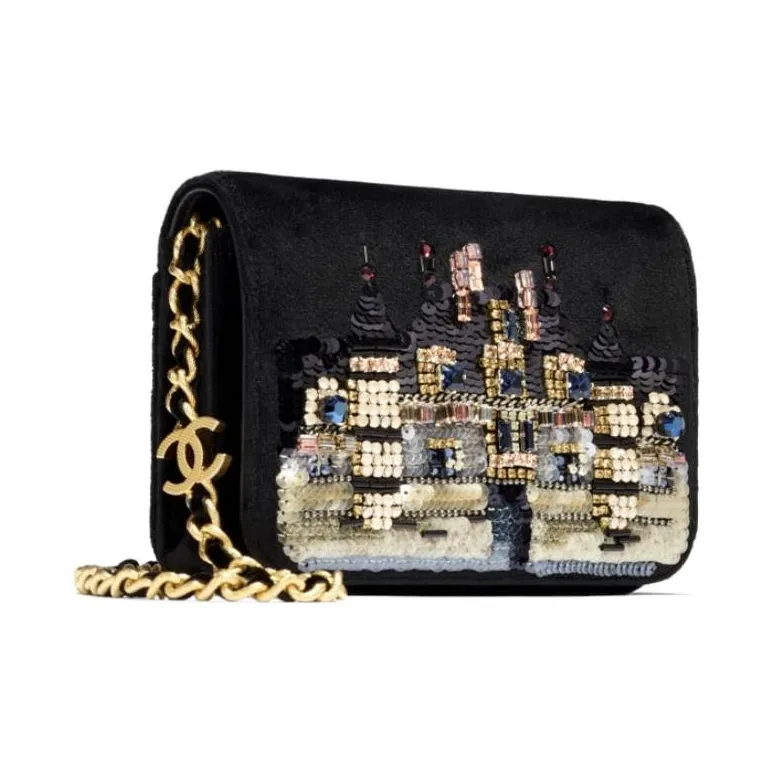 CHANEL Soft Woolen, Embroidery Velour Flap Coin Purse Shoulder Bag Women's Black-1