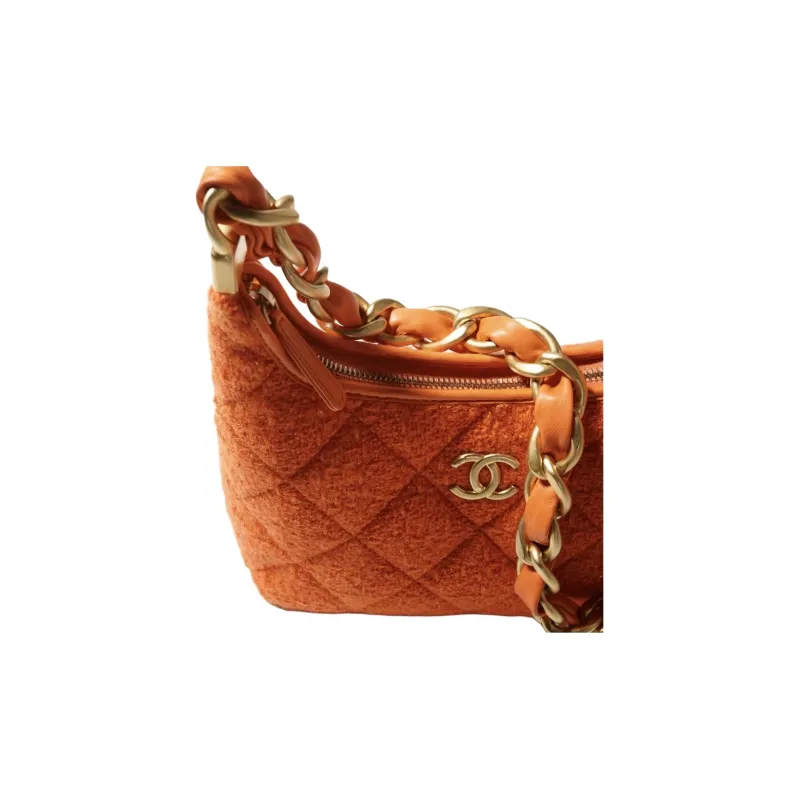 CHANEL Wool Twill Soft Woolen Tweed Hobo Bag, Shoulder Bag, Crossbody Bag Trumpets Women's Orange-3