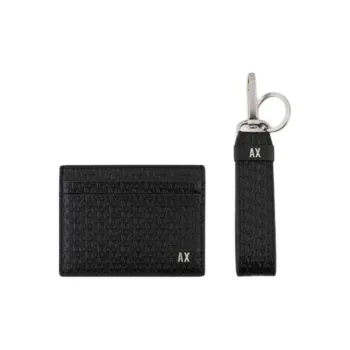 ARMANI EXCHANGEAE Cow Leather Card Holder Keychain Combo Set Men's Black
