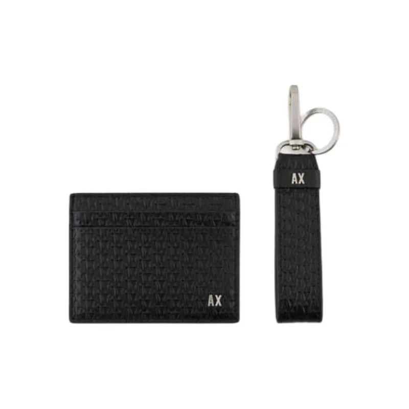 ARMANI EXCHANGEAE Cow Leather Card Holder Keychain Combo Set Men's Black-0