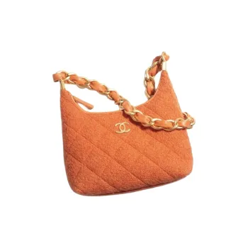 CHANEL Wool Twill Velvet Hobo Bag Shoulder Bag Crossbody Bag Small Size Women's Orange