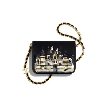 CHANEL Soft Woolen, Embroidery Velour Flap Coin Purse Shoulder Bag Women's Black