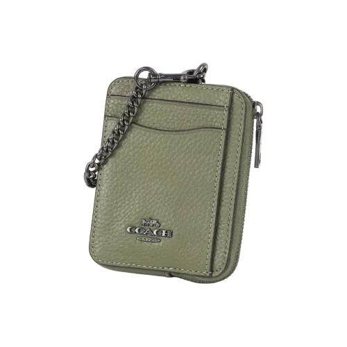 COACH Card Case Pebbled Leather Card Holder Mini Women's Army Green