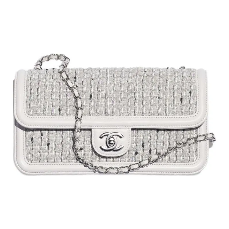 CHANEL Twill Tweed Shoulder Bag, Crossbody Bag Women's White-0