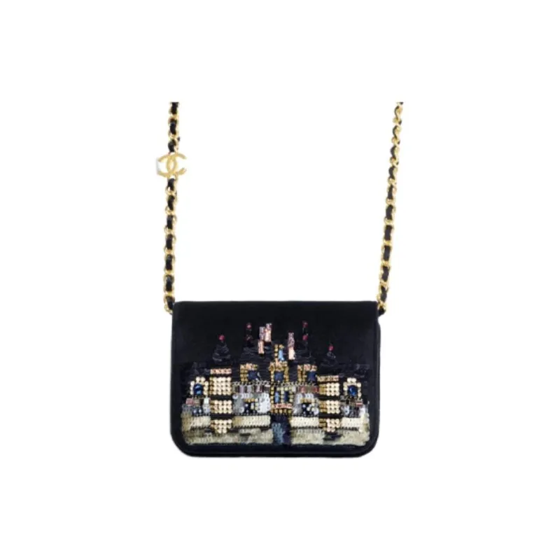CHANEL Soft Woolen, Embroidery Velour Flap Coin Purse Shoulder Bag Women's Black-2