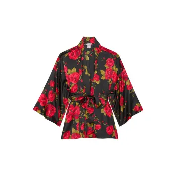 Victoria's Secret Pajama Top Women's Black With Red Floral