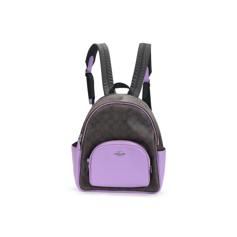 COACH Court Canvas With Leather Backpack Medium Size Women's Purple & Coffee-0