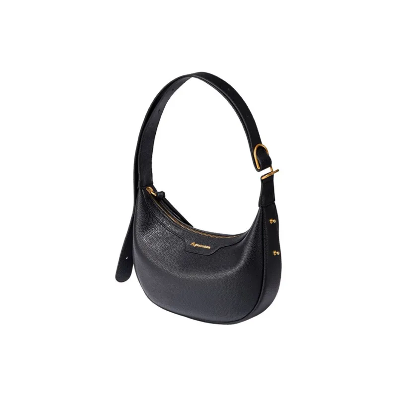 AQUASCUTUM Litchi Grain Cow Leather Crescent Bag Shoulder Bag Medium Size Women's Black/Light Gray-1