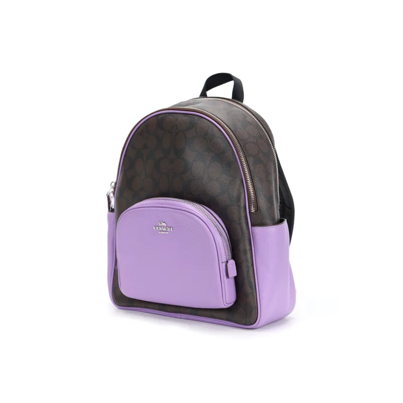 COACH Court Canvas With Leather Backpack Medium Size Women's Purple & Coffee-1
