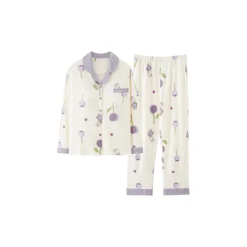 Pretty Lady Pajama Set Women's Beige White Purple Bunny