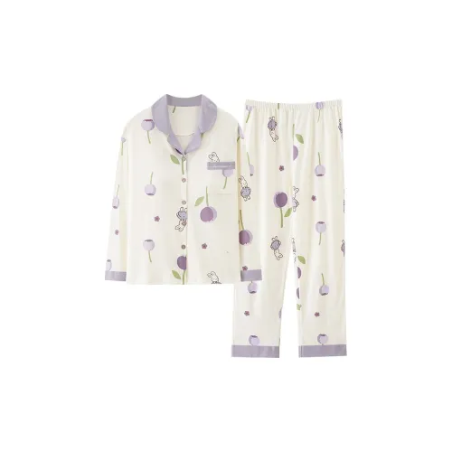 Pretty Lady Pajama Set Women's Beige White Purple Bunny