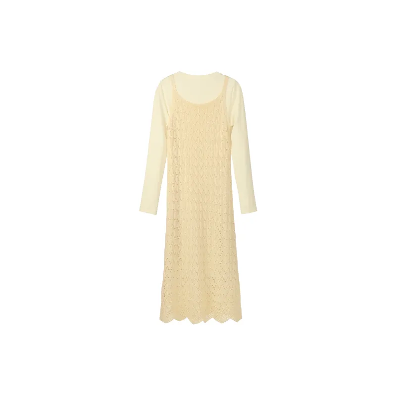 Fstudio Early Spring Korean Style Knitted Fabric Camisole Elegance Long Sleeved Dress Women's Yellow-1