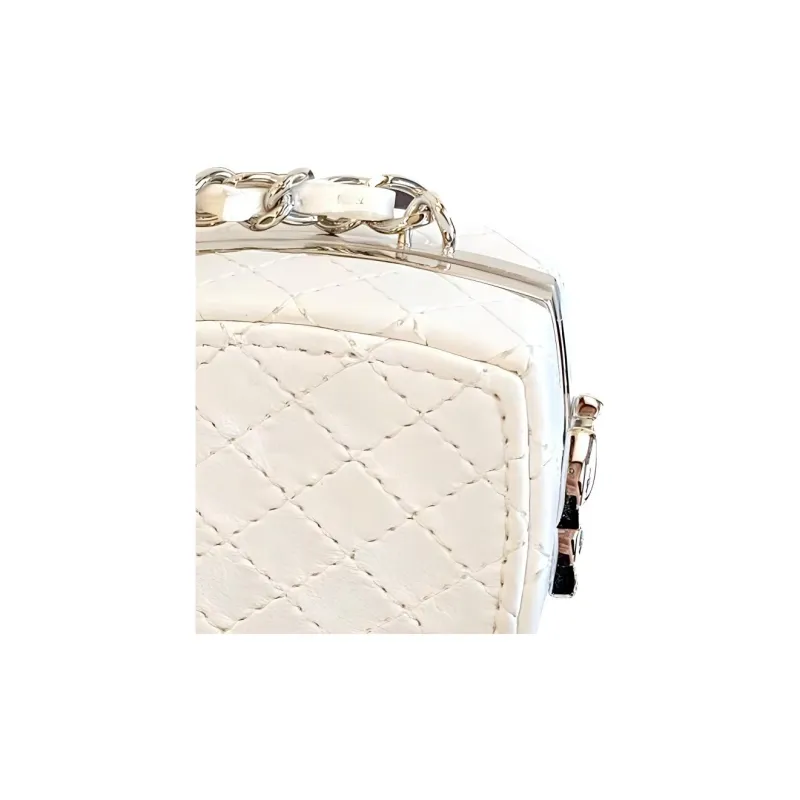 CHANEL Lambskin Powder Bag, Makeup Box Bag, Crossbody Bag, Shoulder Bag Women's White/Silver-4